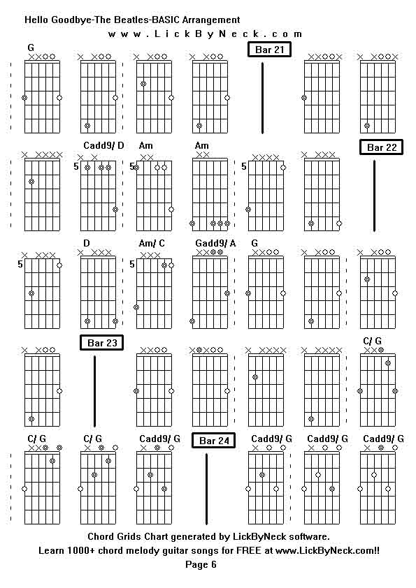 Chord Grids Chart of chord melody fingerstyle guitar song-Hello Goodbye-The Beatles-BASIC Arrangement,generated by LickByNeck software.